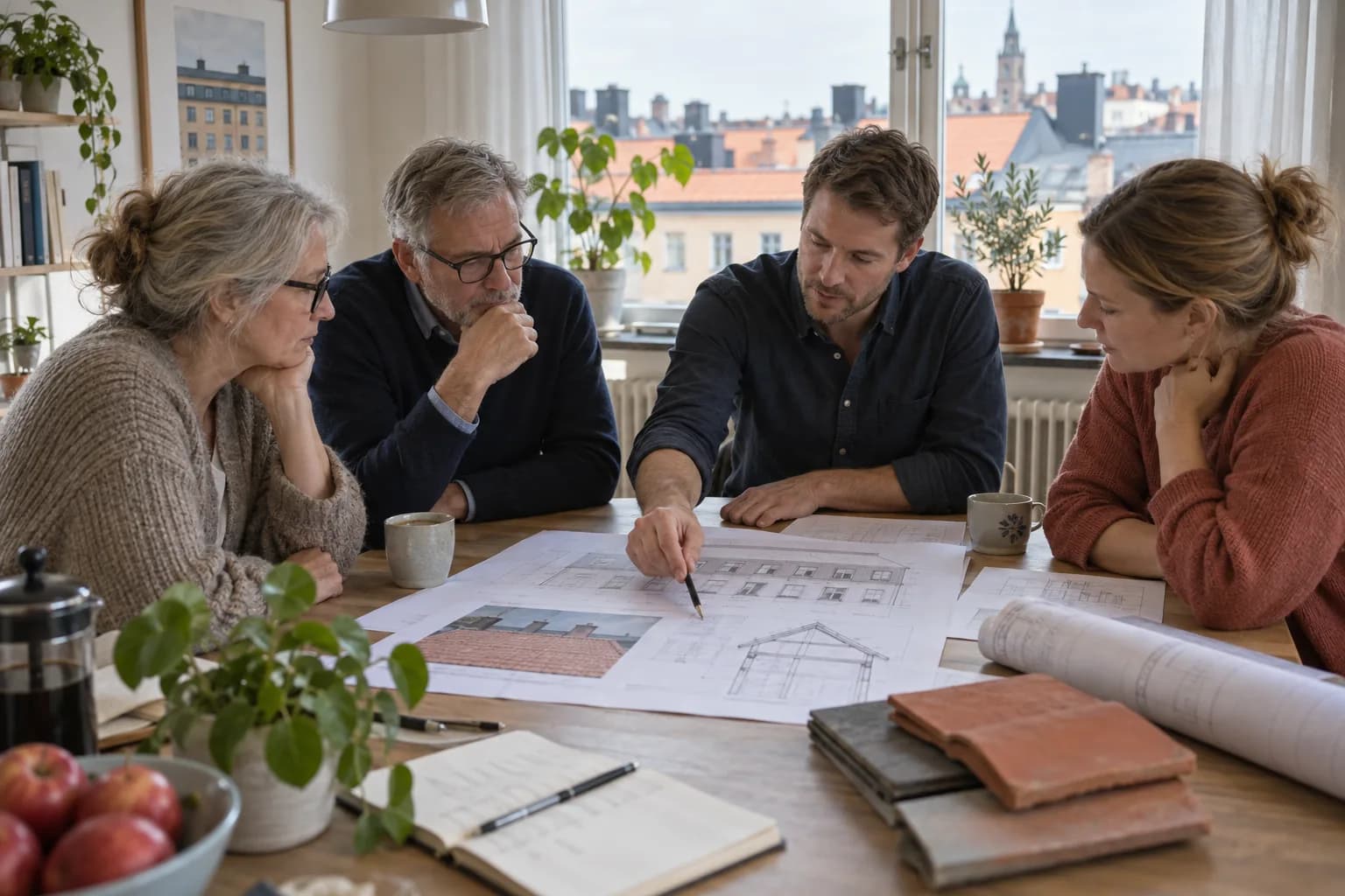 En grupp går igenom ritningar och material inför ett takprojekt