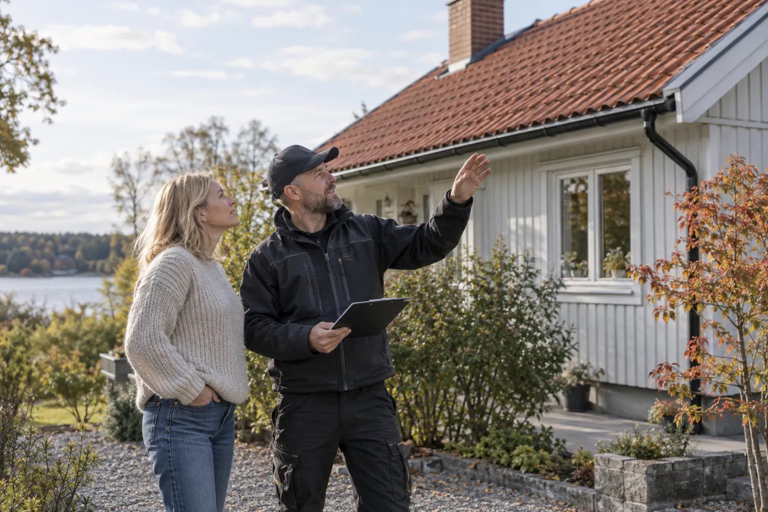 Villaägare och takspecialist samtalar om taket framför ett hus