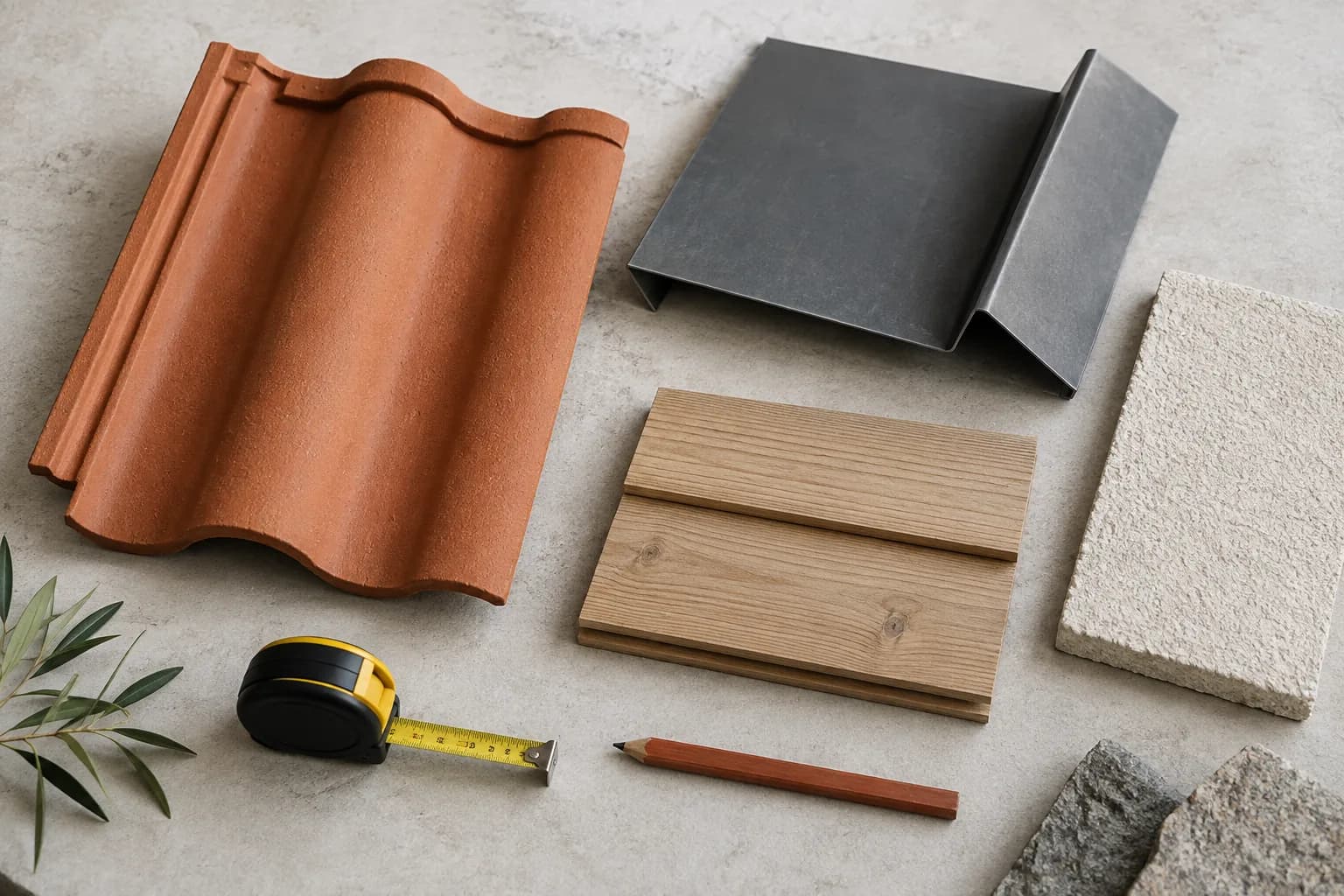 Prover av tegel, plåt, trä och fasadmaterial