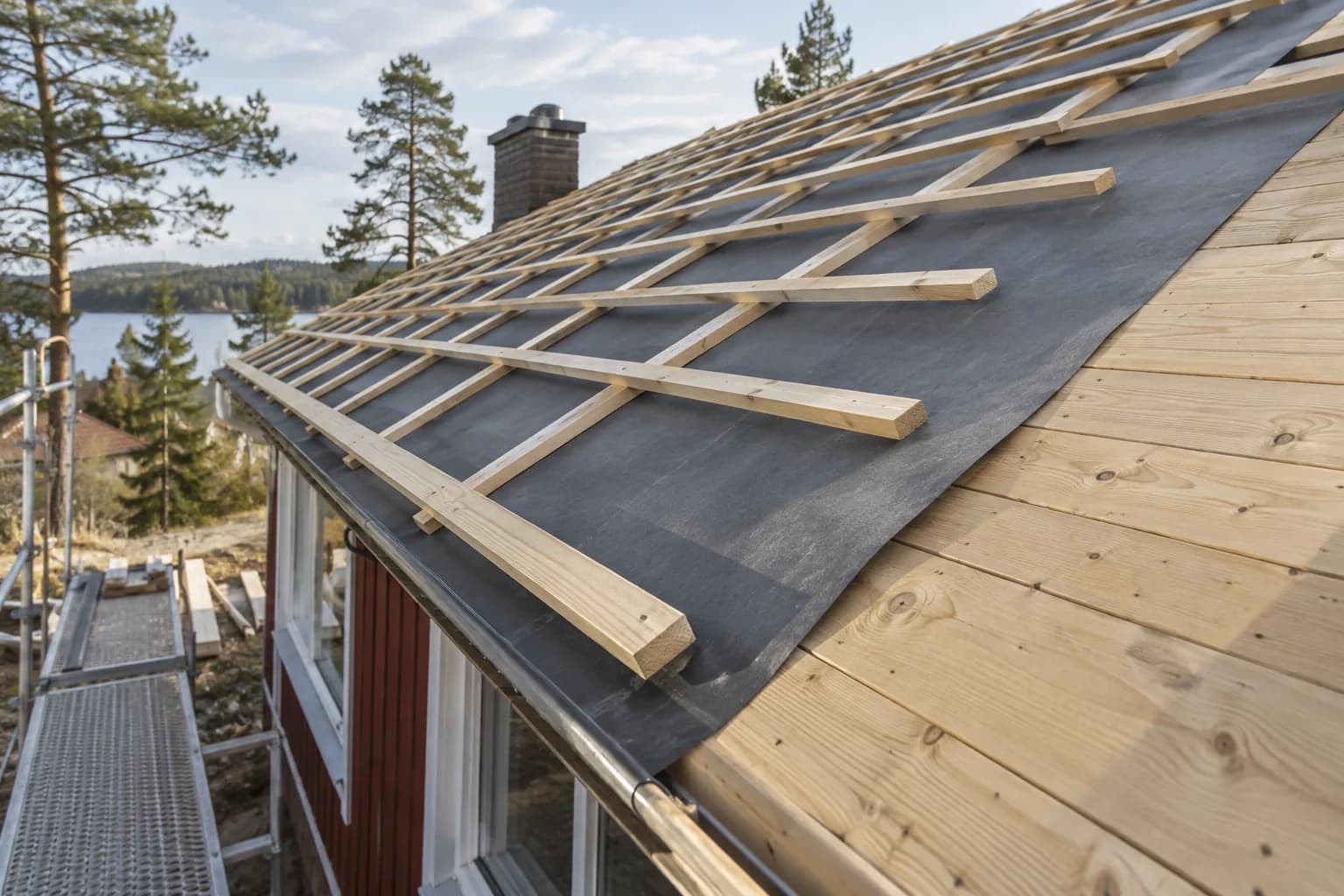Råspont, underlagsduk och läkt på ett tak under omläggning