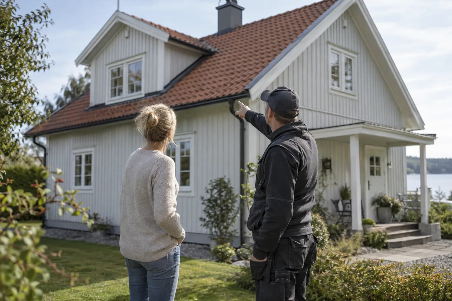 Husägare och fackperson diskuterar tak utanför huset