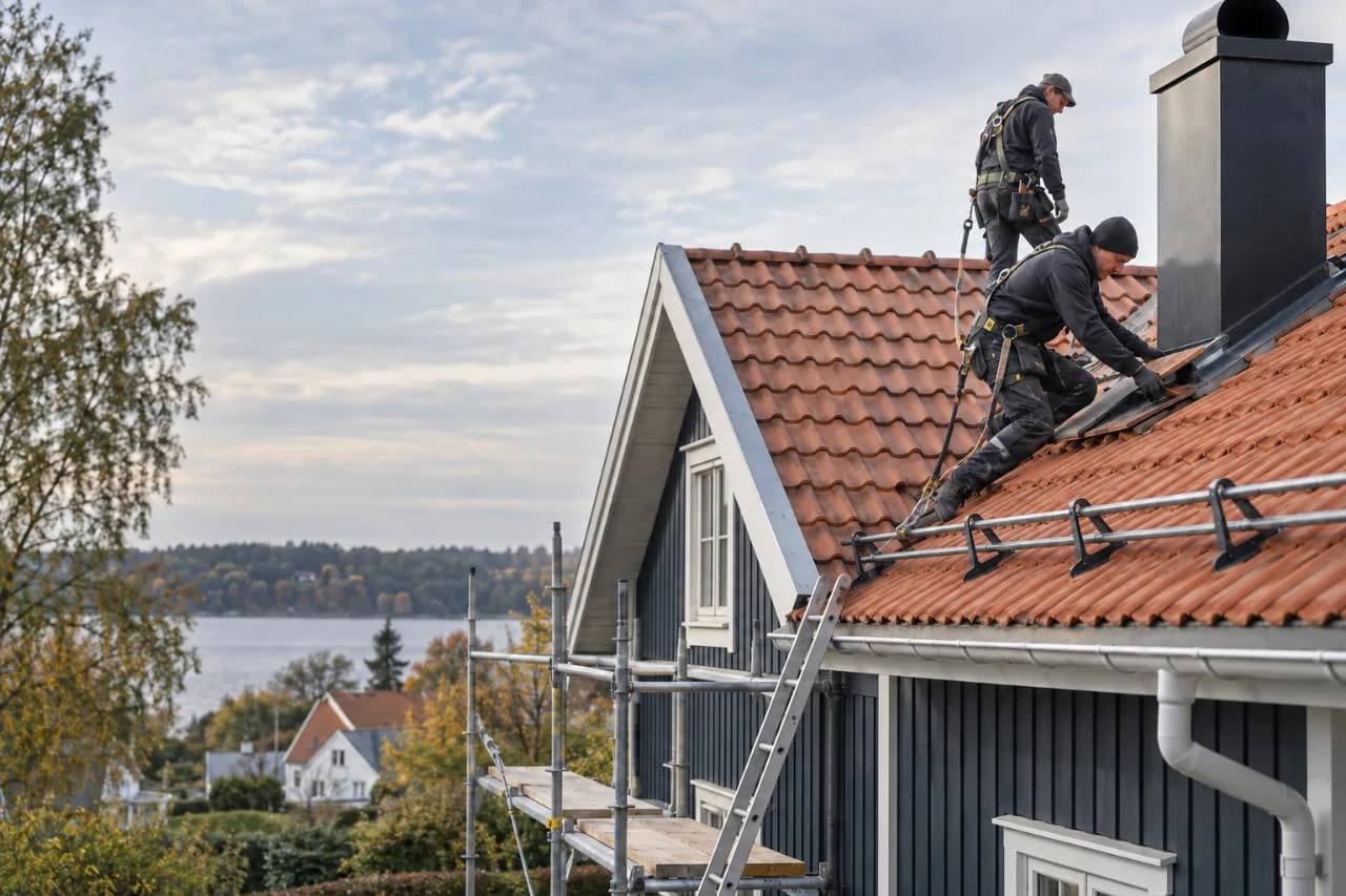 Takläggare arbetar säkert på ett tegeltak på en svensk villa