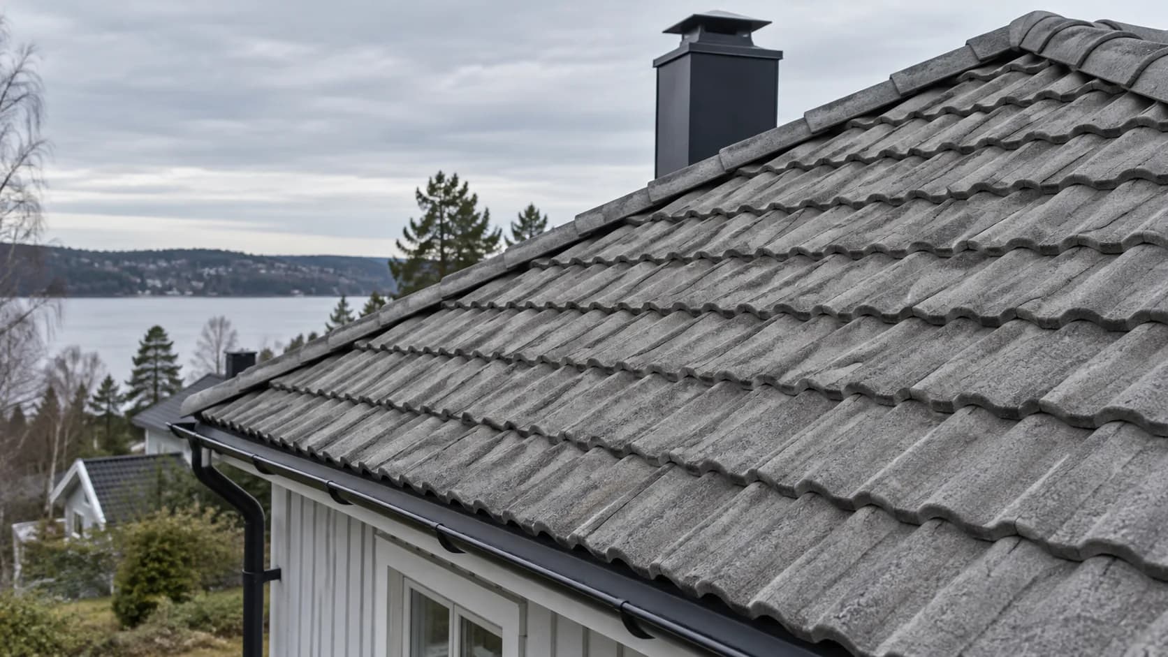 Närbild på grå betongpannor på ett sadeltak