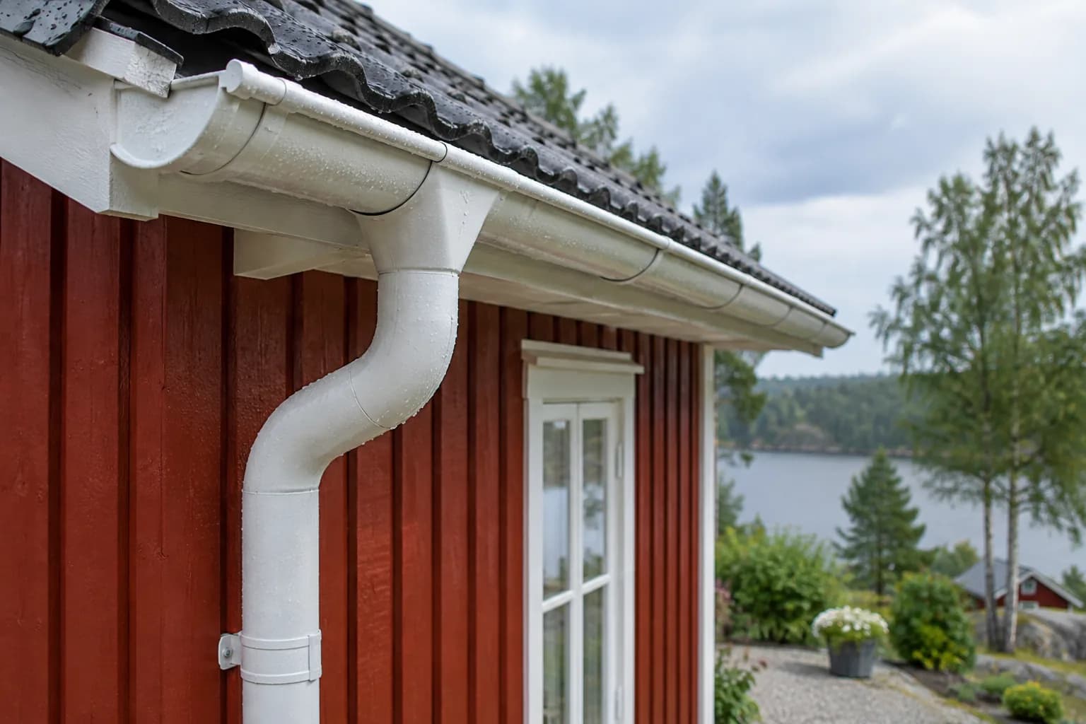 Vit hängränna och stuprör längs ett rött trähus