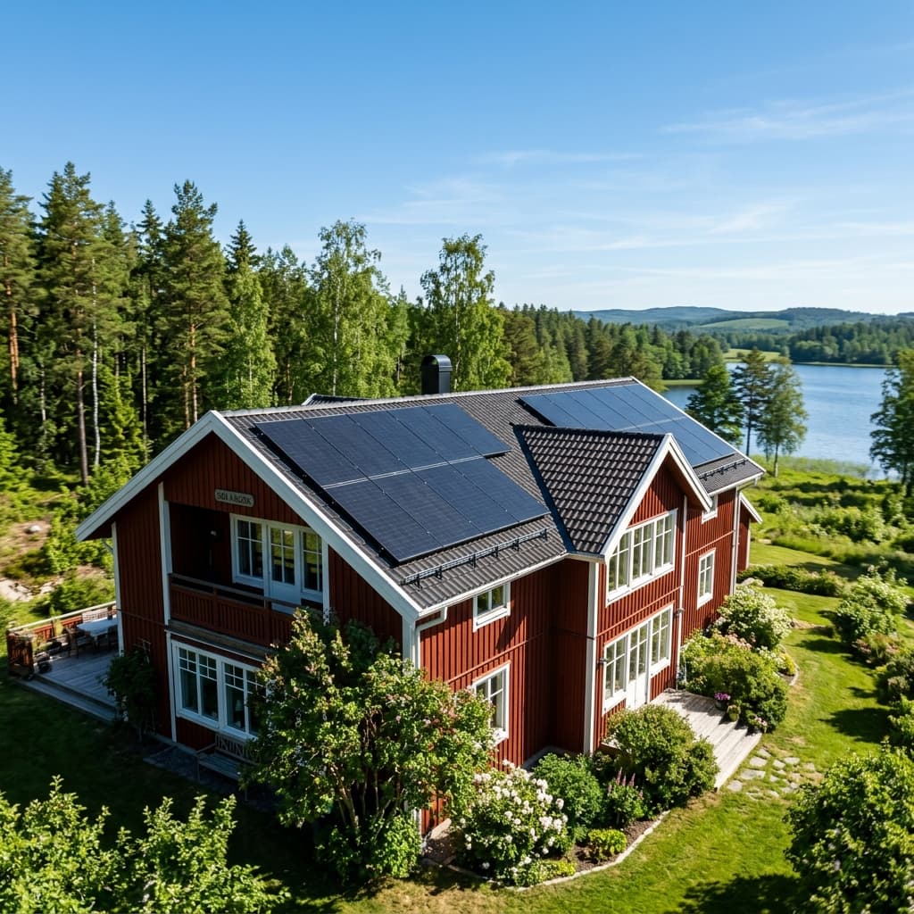 Solpaneler på tak till rött hus