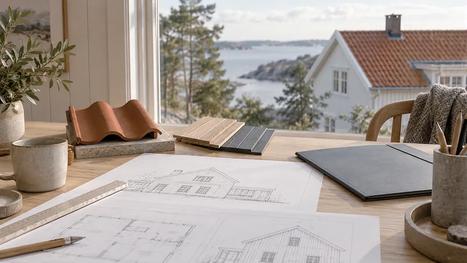 Ritningar och materialprover inför planering av ett husprojekt