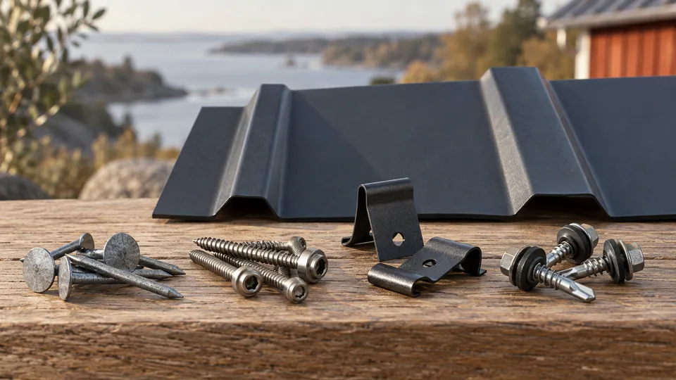 Skruvar, spik, clips och tätbrickor sorterade på en arbetsbänk