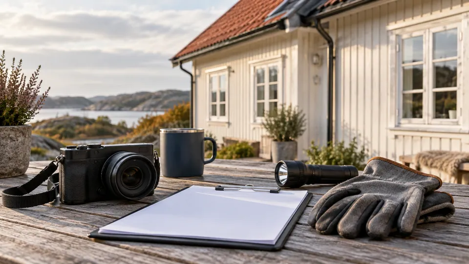 Besiktningsunderlag och kamera inför kontroll av ett hus